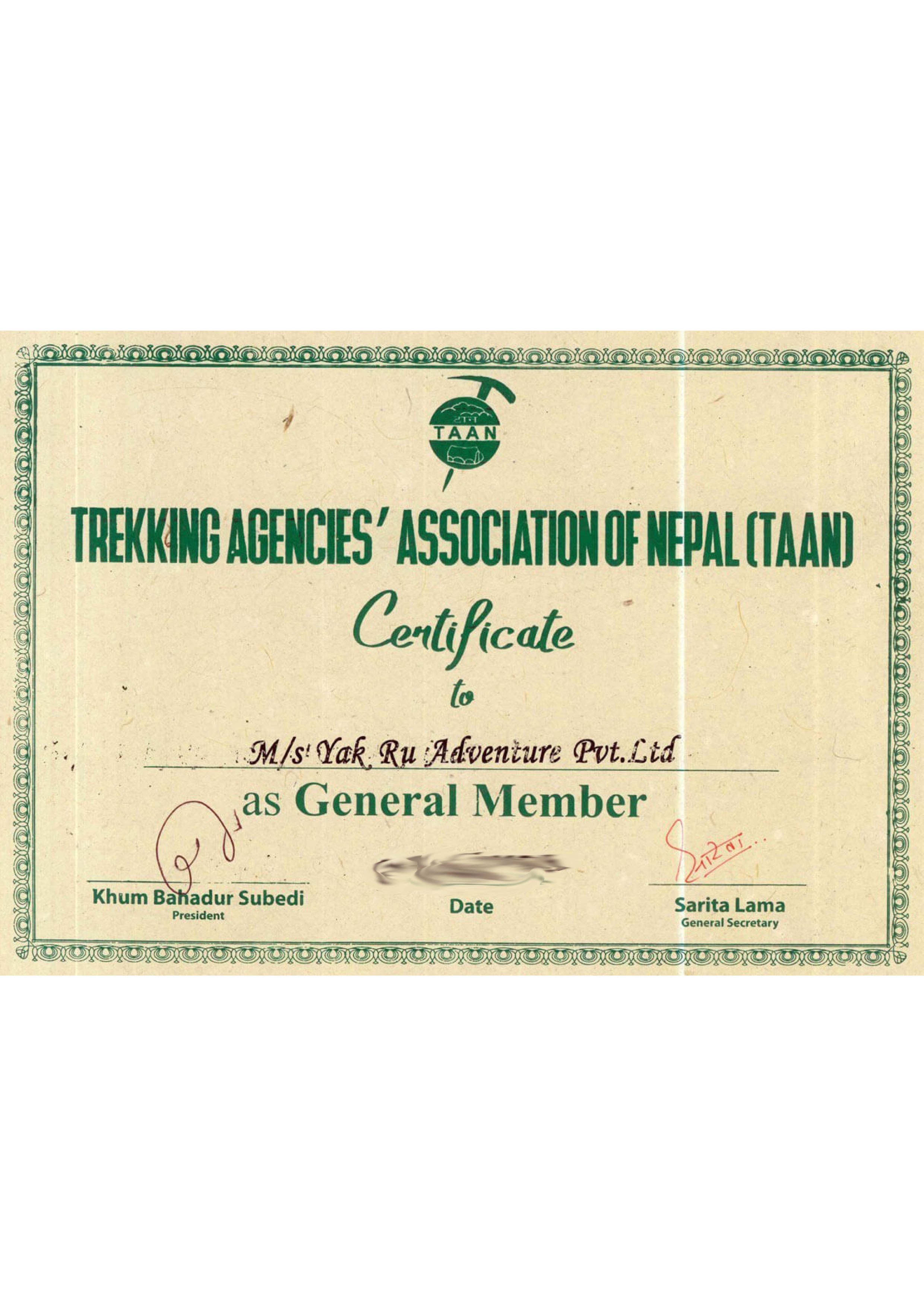 TAAN Certificate